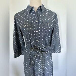 Talbots chambray shirt dress 100% cotton blue and white polka dot size 8 petite